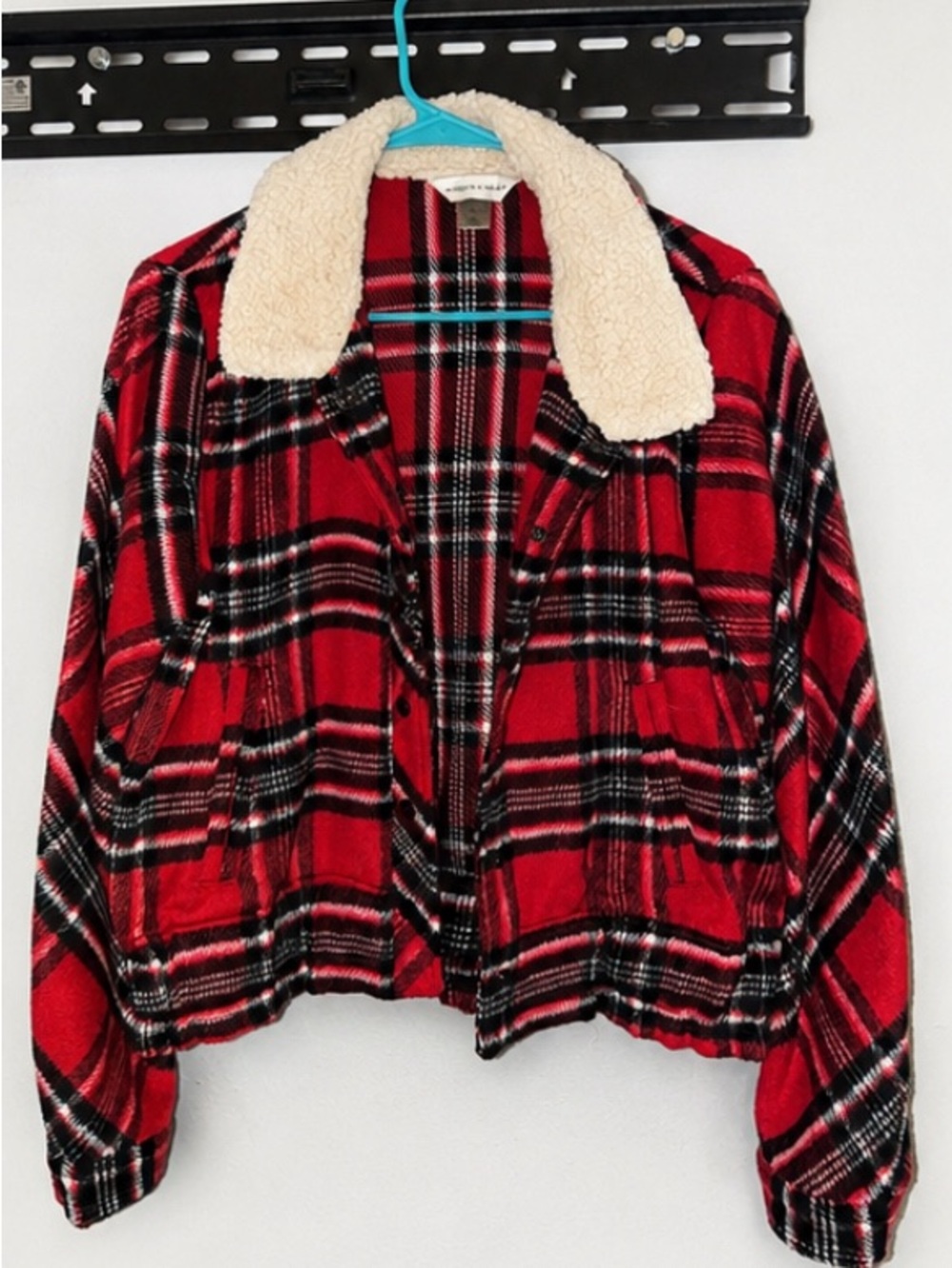 Christopher & Banks Red Plaid Bomber Jacket with Cream Sherpa Collar